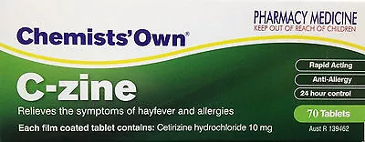 => Chemist Own C-zine Cetirizine 10mg 70 Tablets Hayfever & Allergy = Zyrtec • $23.68